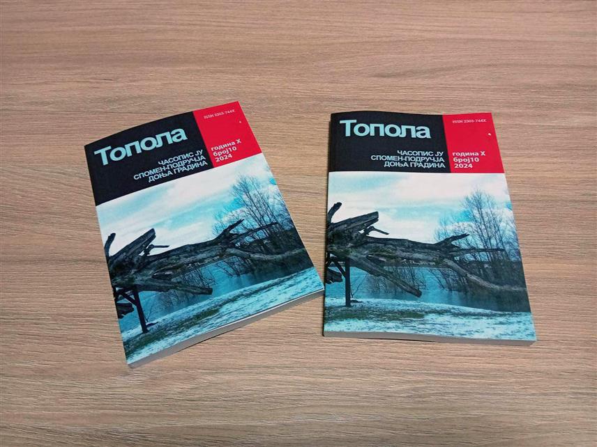 КОЗАРСКА ДУБИЦА, 25.СЕПТЕМБРА /СРНА/ - Из штампе је изашао десети јубиларни број часописа "Tопола" Јавне установе Спомен-подручје Доња Градина, који доноси текстове о страдању Срба у моштаничком Поткозарју, усташким злочинима у селу Бравску, Саници, Воћину, Слабињи и другим мјестима у Независној Држави Хрватској /НДХ/.