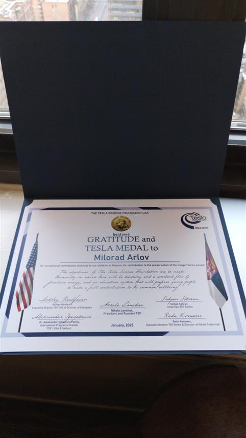 ШАМАЦ, 14. ЈАНУАРА /СРНА/ - На Међународној конференцији о насљеђу Николе Тесле која је одржана у Њујорку, награда "У Теслином духу" /Tesla Spirit Award/ додијељена је предсједнику Одбора за помоћ Србима на Косову и Метохији Милораду Арлову за хуманост и дугодишњу помоћ српском народу на Космету.