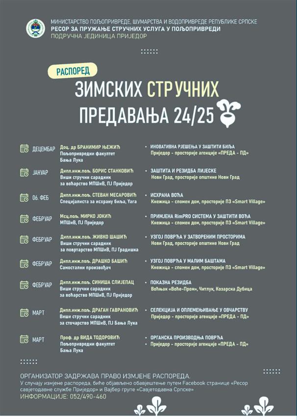 НОВИ ГРАД, 21. ЈАНУАРА /СРНА/ - На зимским стручним предавањима у организацији приједорског ресора за пружање стручних услуга у пољопривреди при Министарству пољопривреде, шумарства и водопривреде заступљене су најактуелније теме у пољопривреди.