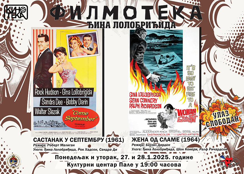 ПАЛЕ, 24. ЈАНУАРА /СРНА/ - Кинотека Републике Српске у понедјељак и уторак, 27. и 28. јануара, организује "Филмотеку" у знак сјећања на једну од највећих глумица у историји јинематографије Ђину Лолобриђиду.