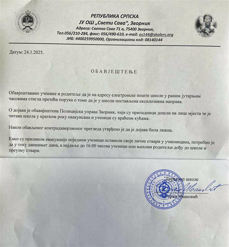 ЗВОРНИК, 24. ЈАНУАРА /СРНА/ - Након провјера свих просторија у основним школама из Зворника, као и згради Градске управе Зворник, констатовано је да су дојаве о постављеним експлозивним направама биле лажне.