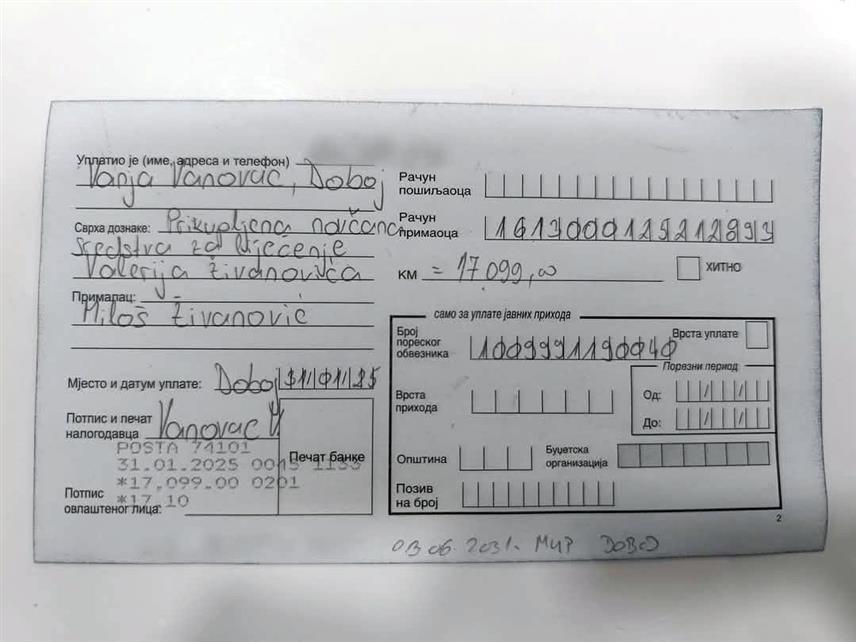 ДОБОЈ, 31. ЈАНУАРА /СРНА/ - Добојска организација младих СНСД-а Добој прикупила је 17.099 KM за помоћ у лијечењу Валерија Живановића /18/ из Осјечанских Чивчија, који је тешко повријеђен у саобраћајној незгоди.	