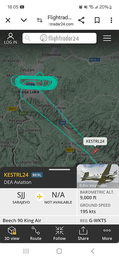 БАЊАЛУКА, 8. ЈАНУАРА /СРНА/ - Британски авион, који је полетио данас из Сарајева, летио је око Бањалуке више од 20 пута и вратио се назад у Сарајево.	