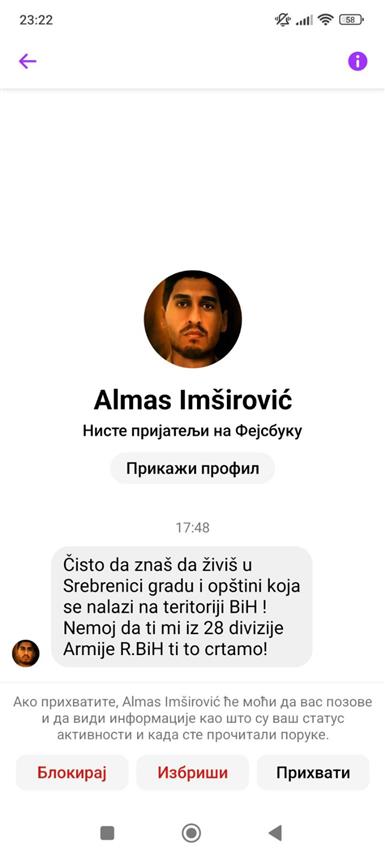 СРЕБРЕНИЦА, 9. ЈАНУАРА /СРНА/ - Предсједник Организације породица заробљених и погинулих бораца и несталих цивила Сребреницa Бранимир Којић добио је путем друштвених мрежа пријетећу поруку, коју је оцијенио као наставак притисака на све који говоре истину о злочинима над српским народом.