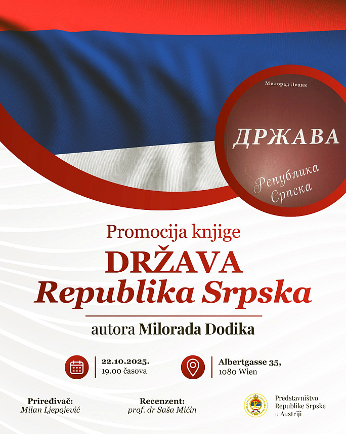 БЕЧ, 22. ОКТОБРА /СРНА/ - У Бечу ће бити промовисана књига "Држава" аутора предсједника СНСД-а Милорада Додика која садржи његове говоре током предизборне кампање прошле године.