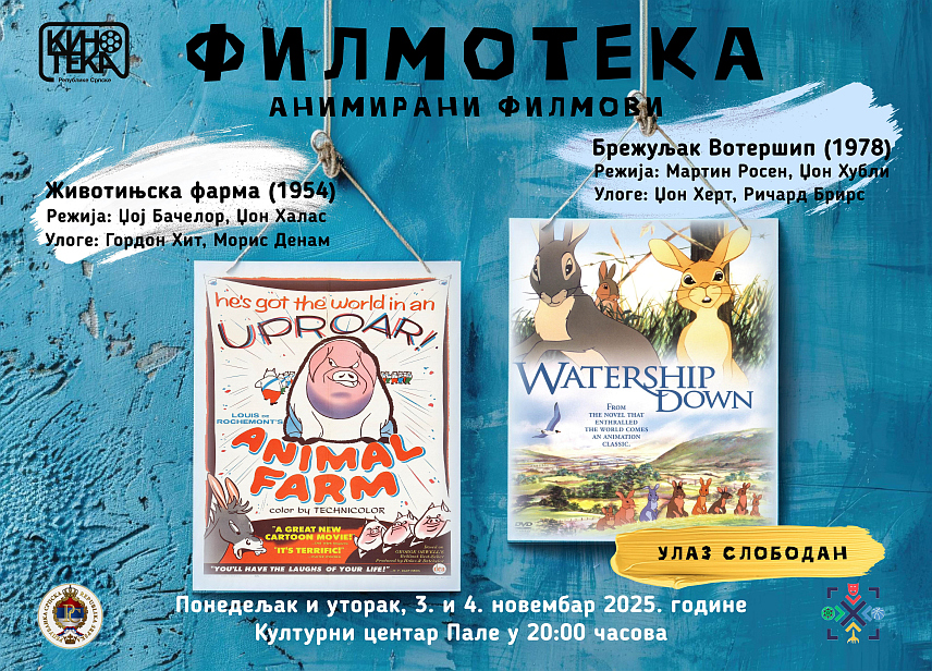 ПАЛЕ, 31. ОКТОБРА /СРНА/ - На Палама ће у понедјељак и уторак, 3. и 4. новембра, бити приказани стари анимирани филмови у оквиру новембарске филмотеке коју организује Кинотека Републике Српске.