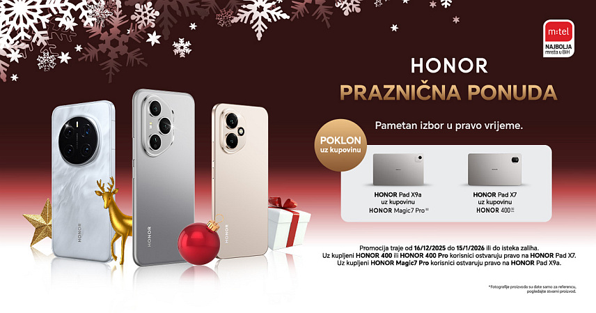 БАЊАЛУКА, 16. ДЕЦЕМБРА /СРНА/ - Компанија "М:тел" нуди корисницима могућност да, уз куповину телефона "онор 400" и "онор 400 про", бесплатно добију таблет "онор пед икс седам".