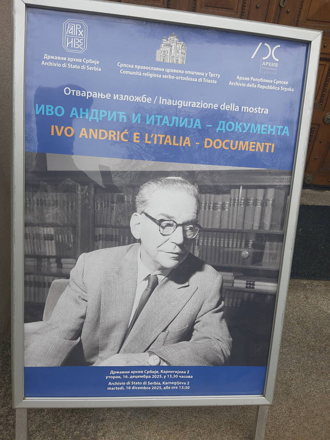 БЕОГРАД, 16. ДЕЦЕМБРА /СРНА/ - У Државном архиву Србије отворена је изложба "Иво Андрић и Италија – документа", поводом 50 година од смрти нобеловца, приређена у сарадњи Државног архива Србије, Архива Републике Српске и Српске православне црквене општине у Трсту.