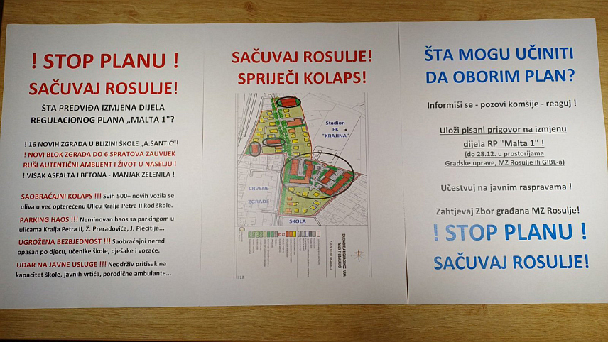 БАЊАЛУКА, 5. ДЕЦЕМБРА /СРНА/ - Мјештани бањалучког насеља Росуље уложиће жалбе на Нацрт измјена дијела регулационог плана "Малта један", који предвиђа изградњу 16 стамбених зграда на површини од 4,27 хектара.