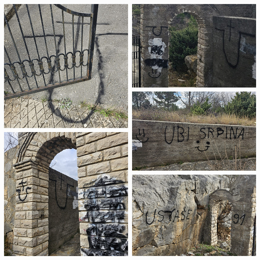 ОБРОВАЦ, 12. ФЕБРУАРА /СРНА/ - Епархија далматинска у Хрватској осудила је скарадне написе, међу којима су "Уби Србина", "Tрактори 91", и усташка обиљежја исписана на остацима Храма Свете великомученице Недеље у Карину Горњем код Обровца у Далмацији.