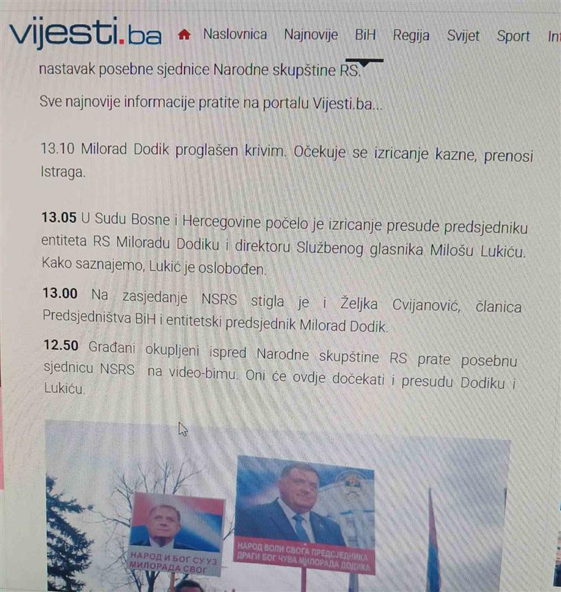 САРАЈЕВО, 26. ФЕБРУАРА /СРНА/ - Новинари који су се данас придржавали строгих упутстава Суда БиХ приликом праћења изрицања пресуде предсједнику Републике Српске Милораду Додику и в.д. директора "Службеног гласника" Републике Српске Милошу Лукићу су преварени, јер су поједини сарајевски портали објављивали детаље из суднице у реалном времену.