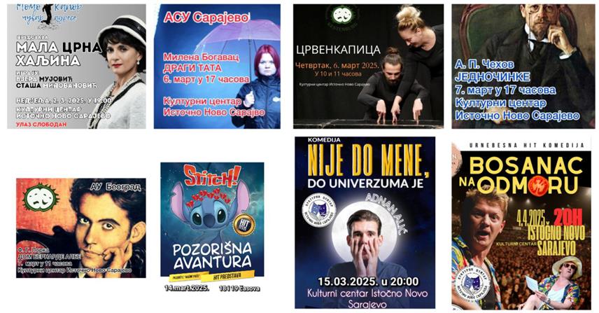 ИСТОЧНО НОВО САРАЈЕВО, 28. ФЕБРУАРА /СРНА/ - Културни центар Источно Ново Сарајево организоваће у марту, у сарадњи са партнерским институцијама из Републике Српске, Федерације БиХ и Србије, низ културно-умјетничких манифестација из домена позоришног и књижевног стваралаштва.