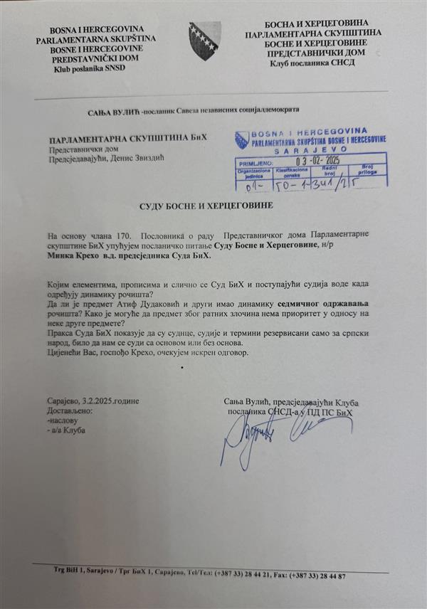 САРАЈЕВО, 3. ФЕБРУАРА /СРНА/ - Шеф Клуба посланика СНСД-а у Представничком дому Парламентарне скупштине БиХ Сања Вулић упутила је посланичко питање вршиоцу дужности предсједника Суда БиХ Минки Крехо да јој одговори којим елементима и приписима се води Суд БиХ и поступајући судија када одређују динамику заказивања рочишта.	