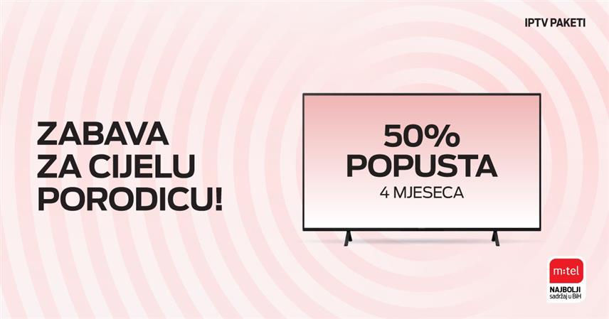 БАЊАЛУКА, 2. ФЕБРУАРА /СРНА/ - Компанија "М:тел" позива кориснике да у својој најновијој понуди интегрисаних пакета искористе 50 одсто попуста на четири мјесеца претплате и одаберу ТВ уређај на рате за уживање у најбољим садржајима.