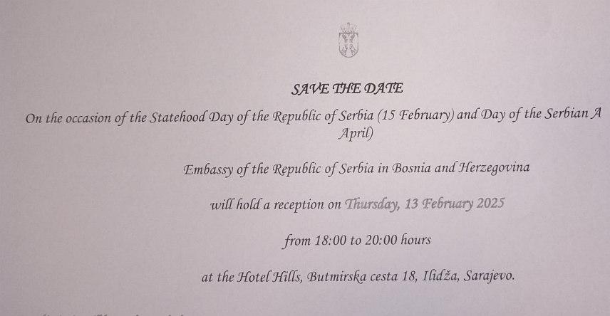 САРАЈЕВО, 5. ФЕБРУАРА /СРНА/ - Амбасада Србије у БиХ одустала је од обиљежавања Дана државности Републике Србије и Дана Војске Србије због безбједносног ризика.