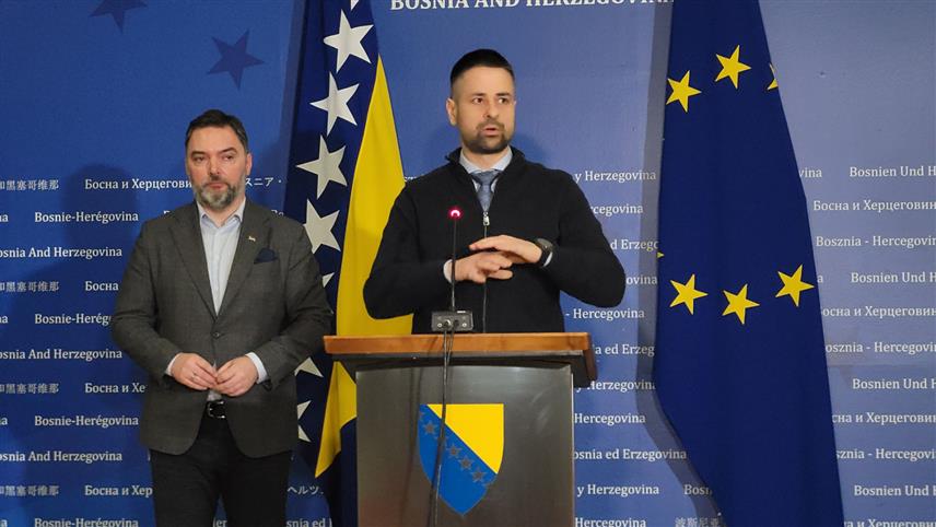 САРАЈЕВО, 5. ФЕБРУАРА /СРНА/ - Министар финансија и трезора у Савјету министара Срђан Амиџић на конференцији за новинаре након сједнице Савјета министара.