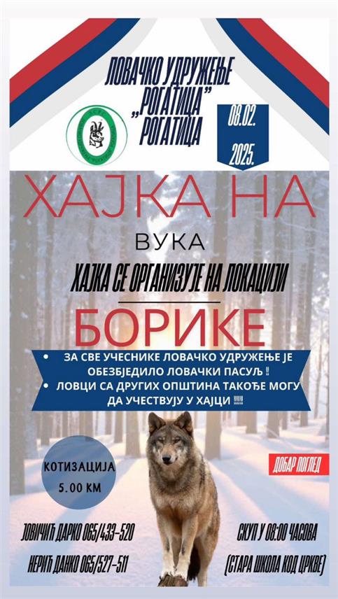 РОГАTИЦА, 7. ФЕБРУАРА /СРНА/ - Ловачко удружење "Рогатица" сутра ће организовати хајку на вука на платоу Борике на којој се очекује учешће око 250 ловаца из Републике Српске, Федерације БиХ и Србије.