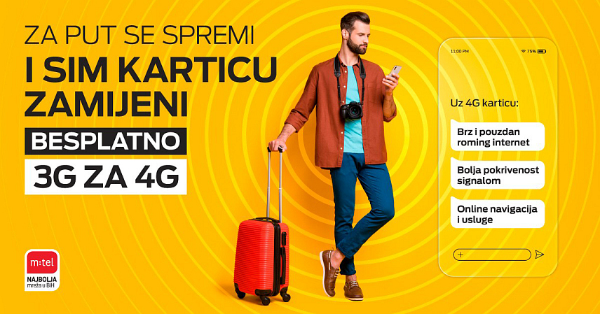 БАЊАЛУКА, 10. МАРТА /СРНА/ - Компаније "М:тел" својим корисницима нуди бесплатну замјену старих три ге СИМ картица за нове четири ге у свим продајним мјестима ове компаније широм БиХ, с циљем пружања што бољег корисничког искуства и приступа најновијим технологијама, као и несметане комуникације у ромингу.	