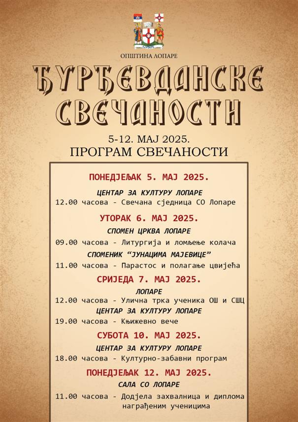 ЛОПАРЕ, 29. АПРИЛА /СРНА/ - Општинска управа Лопаре поводом обиљежавања Дана општине и крсне славе Ђурђевдана организује "Ђурђевданске свечаности" од 5. до 12. маја.	