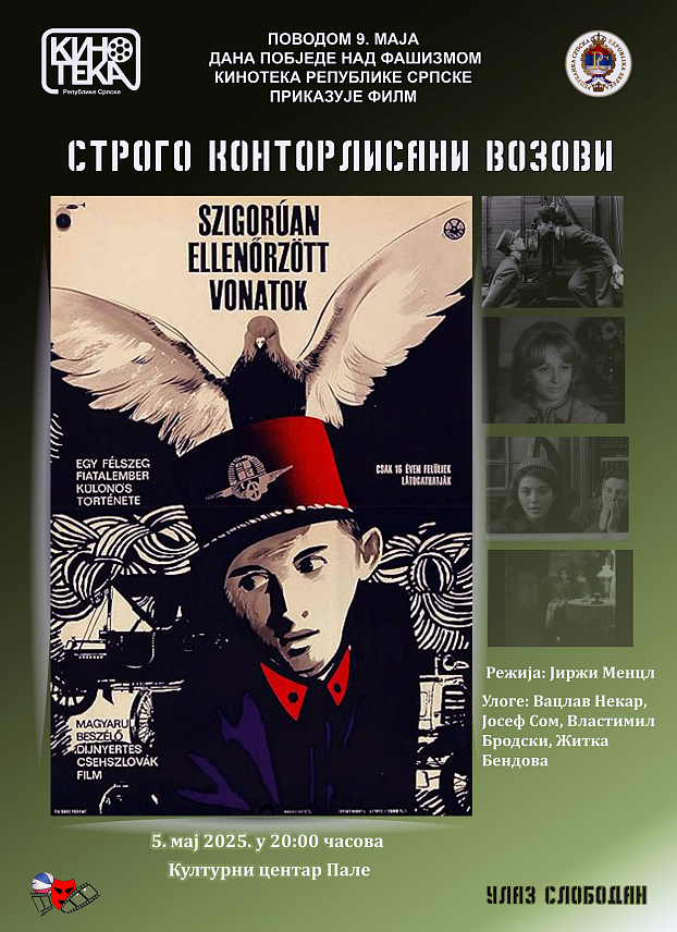ПАЛЕ, 30. АПРИЛА /СРНА/ - Кинотека Републике Српске, поводом Дана побједе над фашизмом, организоваће у понедјељак, 5. маја, пројекцију антологијског филма "Строго контролисани возови", ремек-дјела чешког новог таласа из 1966. године у режији Јиржија Менцела, награђеног "Оскаром" за најбољи страни филм.
