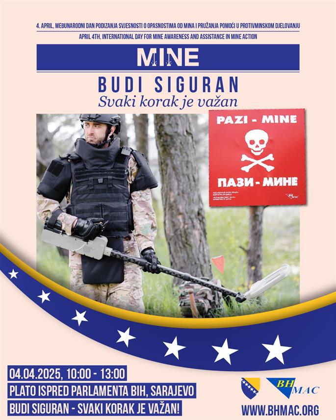 САРАЈЕВО, 3. АПРИЛА /СРНА/ - На платоу испред зграде Парламентарне скупштине БиХ у Сарајеву сутра ће, поводом Међународног дана борбе против мина, бити организована подјела промотивног материјала, постављена изложба минско-експлозивних средстава и одржана показна вјежба и симулација рада у минском пољу.