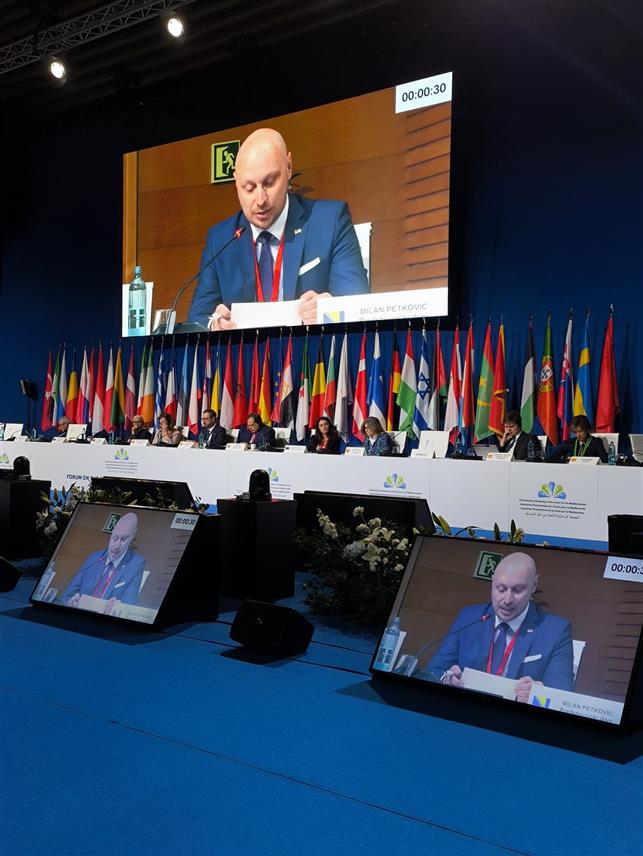 ГРАНАДА, 3. АПРИЛА /СРНА/ - Предсједавајући делегације Парламентарне скупштине БиХ у Парламентарној скупштини Уније за Медитеран Милан Петковић током обраћања на Форуму о будућности Медитерана.