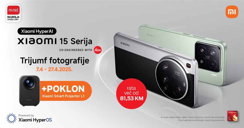 БАЊАЛУКА, 7. АПРИЛА /СРНА/ - Компанија "М:тел" нуди корисницима мобилне телефоне "сјаоми 15" и "сјаоми 15 ултра", уз чију се куповину добија "сјаоми смарт пројектор Л1 ЕУ" за гледање омиљених филмова и садржаја.