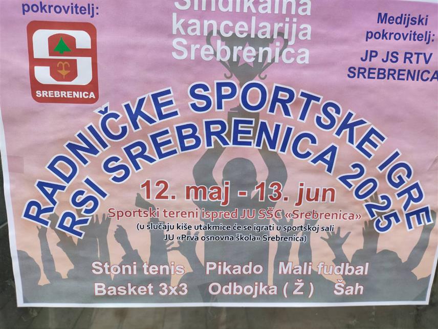 СРЕБРЕНИЦА, 10. МАЈА /СРНА/ - У Сребреници ће у понедјељак, 12. маја, почети Радничке спортске игре чији је организатор Канцеларија Савеза синдиката Републике Српске у овом мјесту.	
