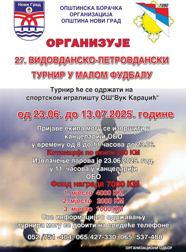 НОВИ ГРАД, 18. ЈУНА /СРНА/ - У Новом Граду ће од 23. јуна до 13. јула бити одржан Видовданско - петровдански турнир у малом фудбалу.