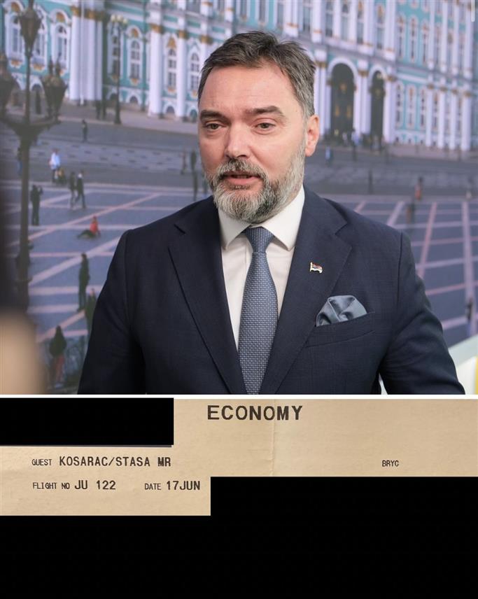 САНКТ ПЕТЕРБУРГ, 19. ЈУНА /СРНА/ - Авио-карта са лета у Санкт Петербург из које је видљиво да је замјеник предсједавајуће Савјета министара Сташа Кошарац путовао економском класом.