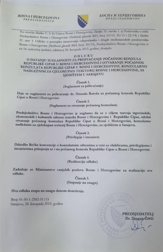 САРАЈЕВО, 8. СЕПТЕМБРА /СРНА/ - Документ из 2015. године у коме је тадашњи српски члан Предсједништва БиХ Младен Иванић дао сагласност за именовање доктора Ненад Бароша за почасног конзула Кипра у БиХ.