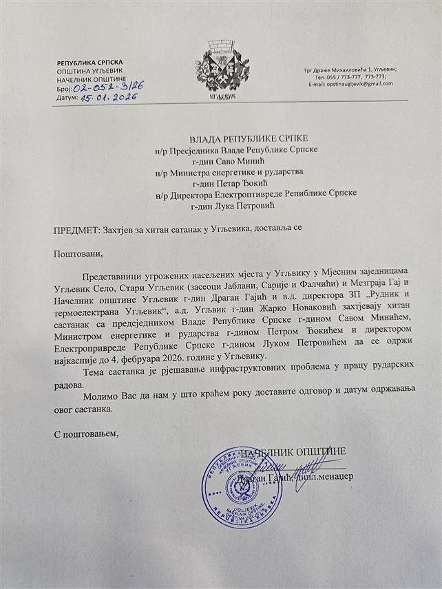 УГЉЕВИК, 15. ЈАНУАРА /СРНА/ - Мјештани угљевичких насеља угрожних клизиштима, представници локалне власти и Рудника и Термоелектране /РиТЕ/ Угљевик затражили су да 4. фебруара разговарају са републичким званичницима о рјешавању инфраструктурних проблема насталих усљед ширења површинског копа рудника.