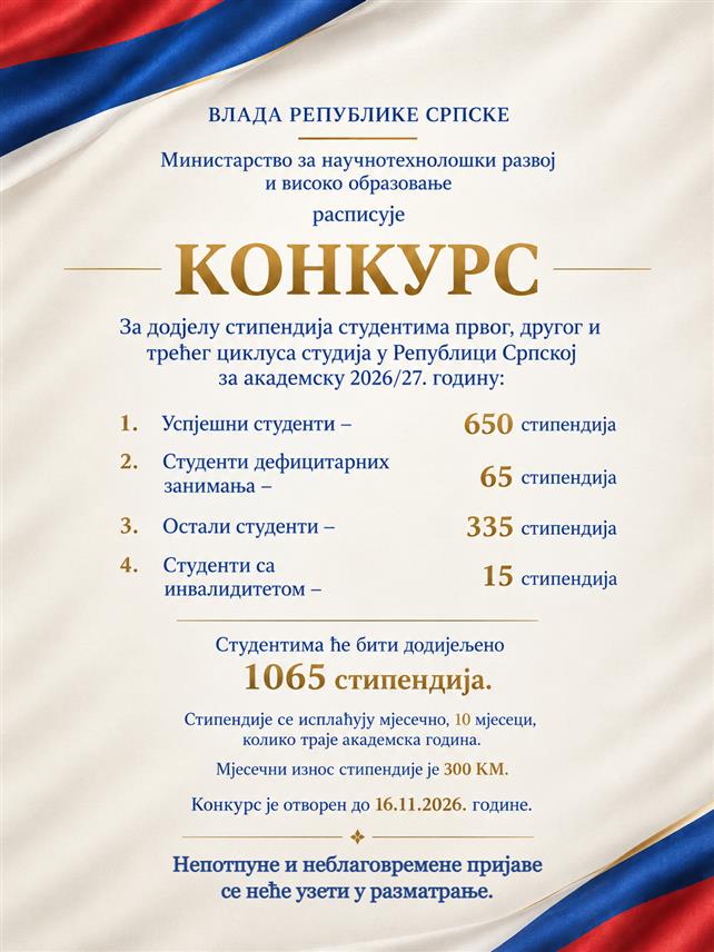 БАЊАЛУКА, 27. ОКТОБРА /СРНА/ - Министарство за научнотехнолошки развој и високо образовање Републике Српске објавило је данас конкурс за додјелу укупно 1.065 стипендија студентима првог, другог и трећег циклуса студија за академску 2026/27. годину.