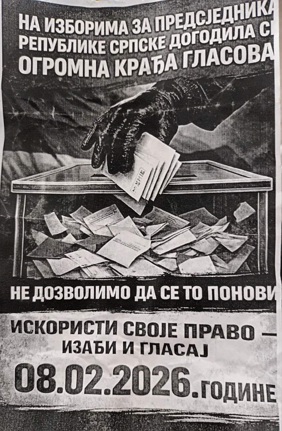 ЗВОРНИК, 6. ФЕБРУАРА /СРНА/ - Испред врата станова у Зворнику данас су остављени непотписани пропагандни леци у којим се грађани позивају да у недјељу, 8. фебруара, не дозволе да се понови "огромна крађа гласова", чиме се очито настоји постићи неостварени сан – власт без подршке народа.