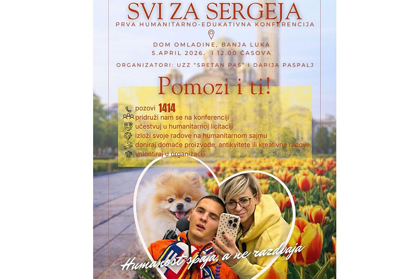 БАЊАЛУКА, 16. МАРТА /СРНА/ - У Бањалуци ће 5. априла бити одржана хуманитарно-едукативна конференција "Хуманост спаја, а не раздваја", а приход ће бити усмјерен за наставак лијечења суграђанина Сергеја Ступара.