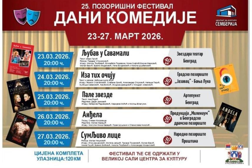 БИЈЕЉИНА, 2. МАРТА /СРНА/ - На позоришном фестивалу "Дани комедије" у Бијељини ће од 23. до 27. марта бити одиграно пет представа реномираних позоришта из Србије и Републике Српске, најављено је из Центра за културу "Семберија".
