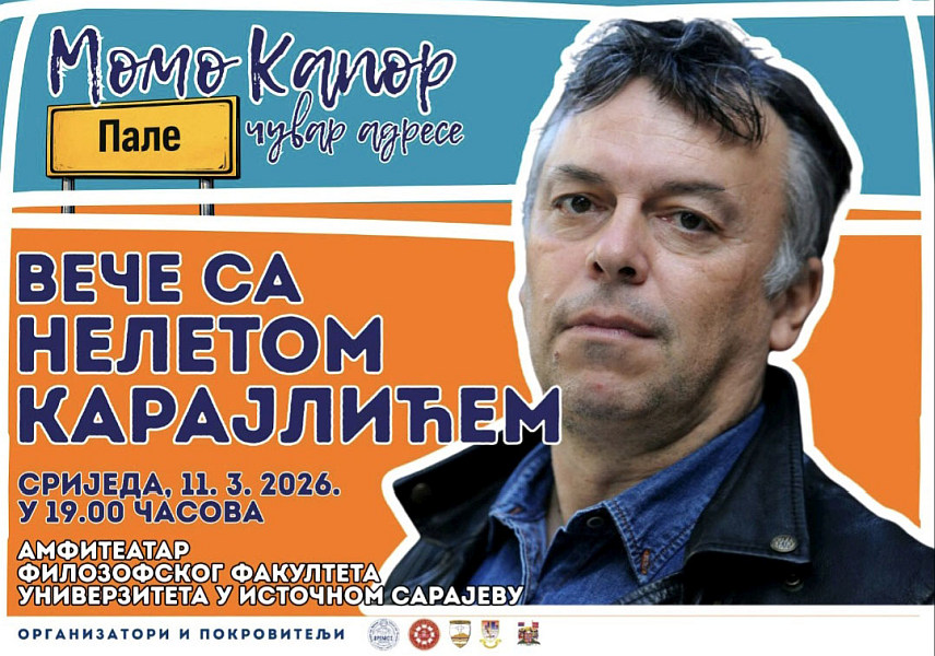 ПАЛЕ, 9. МАРТА /СРНА/ - Књижевно вече са мултимедијалним умјетником Ненадом Јанковићем познатим као Неле Kарајлић биће одржано на Палама у сриједу, 11. марта, у оквиру манифестације "Момо Kапор - чувар адресе".