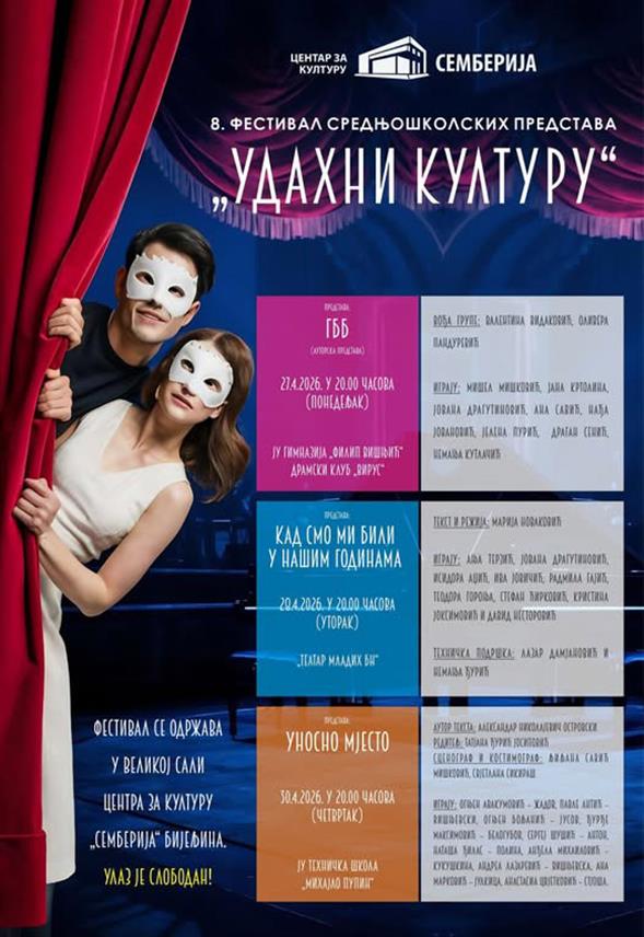 БИЈЕЉИНА, 23. АПРИЛА /СРНА/ - Фестивал средњошколских представа у Бијељини "Удахни културу" отвориће у понедјељак, 27. априла, ауторска представа "ГББ" Драмског клуба "Вирус" бијељинске гимназије, који воде Валентина Видаковић и Оливера Пандуревић.