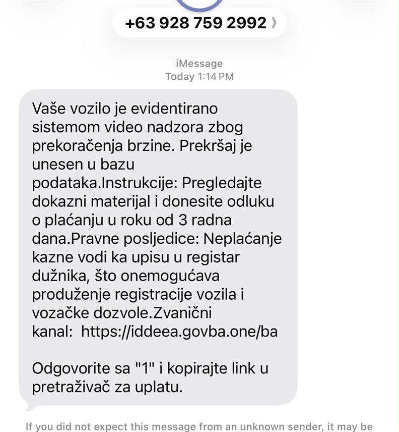 БАЊАЛУКА, 25. АПРИЛА /СРНА/ - Агенција за идентификационе документе, евиденцију и размјену података /ИДДЕЕА/ БиХ упозорава грађане да је евидентирана појава лажних СМС порука и интернет страница које неовлаштено користе назив и визуелни идентитет ИДДЕЕА БиХ с циљем довођења грађана у заблуду и могућег прибављања личних или финансијских података.