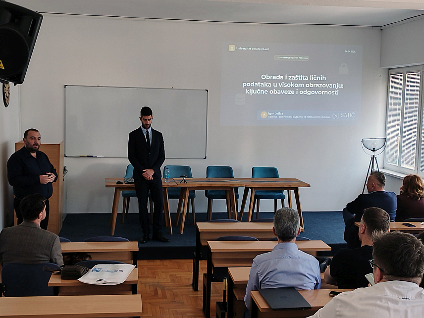 БАЊАЛУКА, 6. АПРИЛА /СРНА/ - Предавање о теми "Обрада и заштита личних података у високом образовању: кључне обавезе и одговорности" одржано је данас на Филозофском факултету Универзитета у Бањалуци, којем су присуствовали запослени, професори и студенти.