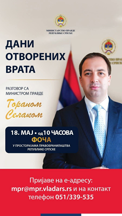 БАЊАЛУКА, 17. МАЈА /СРНА/ - Министар правде Републике Српске Горан Селак сутра ће у Фочи разговарати са грађанима у оквиру Дана отворених врата с циљем рјешавања конкретних проблема на терену.