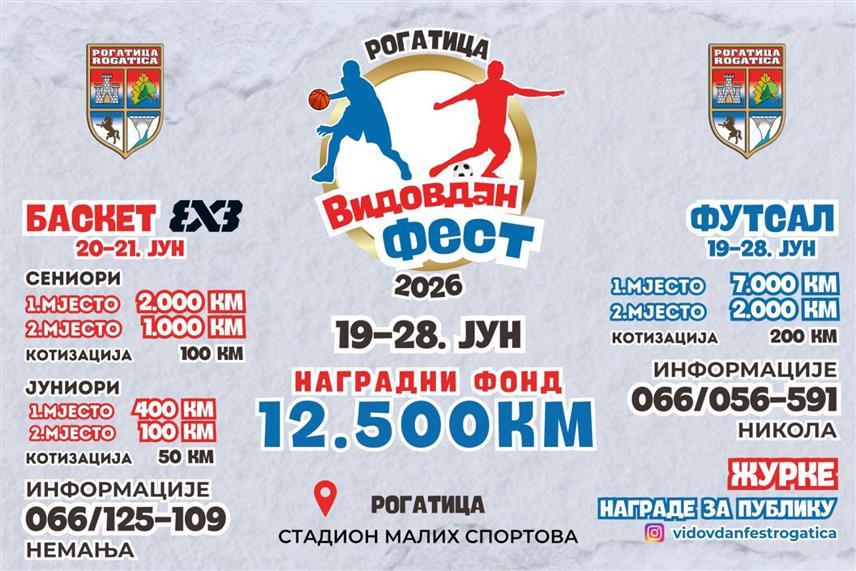РОГАТИЦА, 21. МАЈА /СРНА/ - Традиционални спортски догађај "Видовдан фест" биће одржан од 19. до 28. јуна на Стадиону малих спортова у Рогатици.