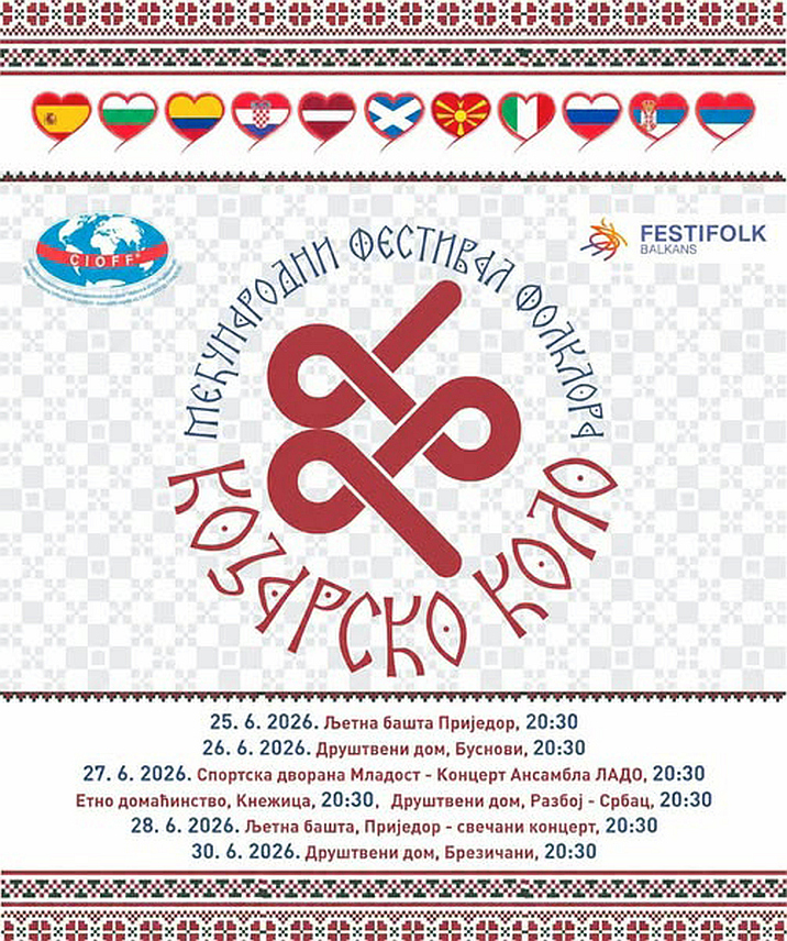 ПРИЈЕДОР, 23. ЈУНА /СРНА/ - Међународни фестивал фолклора "Козарско коло" од сутра до 2. јула окупиће у Приједору више стотина учесника из 11 земаља, саопштило је Удружење за очување традиције, које је организатор и домаћин манифестације.