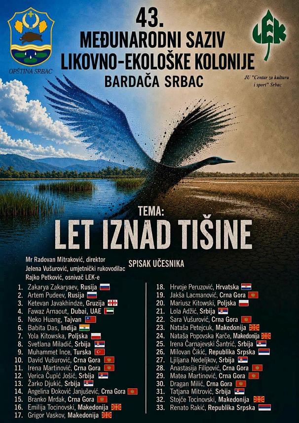 СРБАЦ, 26. ЈУНА /СРНА/ - Ликовно-еколошка колонија "Бардача-Србац" ове године почиње у недјељу, 28. јуна, и окупиће 34 умјетника из више земаља свијета, чиме ће бити настављена традиција дуга више од четири деценије, да учесници колоније кроз различите стваралачке форме промовишу значај очувања природе.