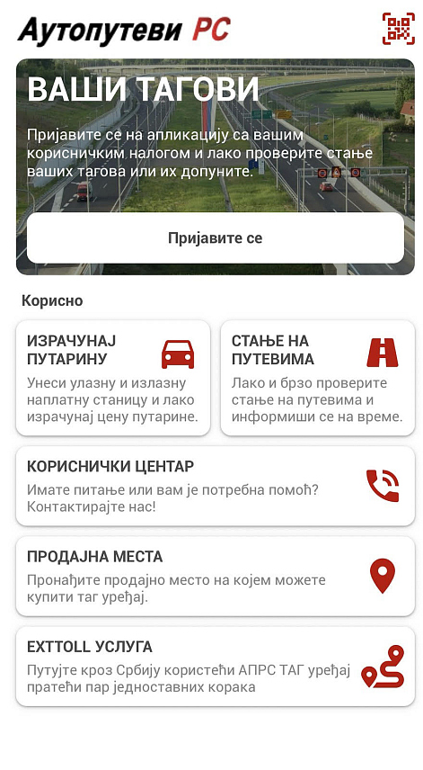 БАЊАЛУКА, 4. ЈУНА /СРНА/ - За електронско плаћање путарине на ауто-путевима у Републици Српској и Србији од данас је доступан један ТАГ уређај за кориснике услуга "Аутопутева Републике Српске" који имају мобилну апликацију "Аутопутеви РС - ЕНП", саопштено је из овог предузећа.