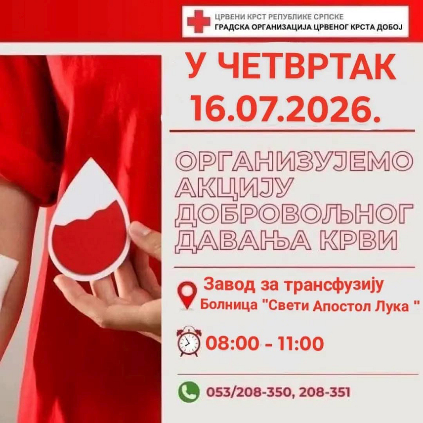 ДОБОЈ, 13. ЈУЛА /СРНА/ - Градска организација Црвеног крста из Добоја организује у четвртак, 16. јула, акцију добровољног давања крви у околностима повећане потребе за крвном групом А, позитивном и негативном.