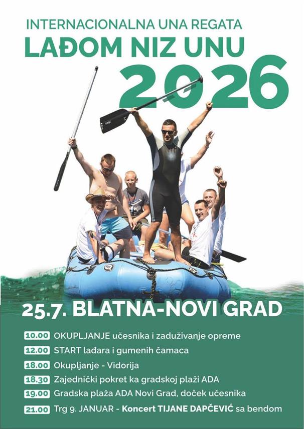 НОВИ ГРАД, 21. ЈУЛА /СРНА/ - Манифестација "Уна регата - лађом низ Уну" биће одржана у суботу, 25. јула, у Новом Граду, а за учешће се до сада пријавило 70 екипа.