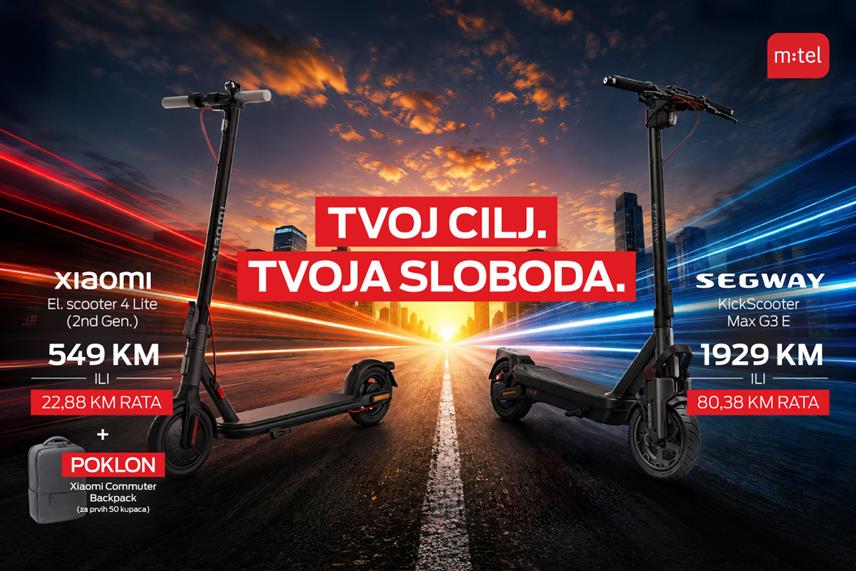 БАЊАЛУКА, 12. АВГУСТА /СРНА/ - Корисници "М:тела" имају могућност да, уз интегрисане пакете услуга и отплату на мјесечне рате без камате, купе два модела електричних тротинета, саопштено је из ове компаније.