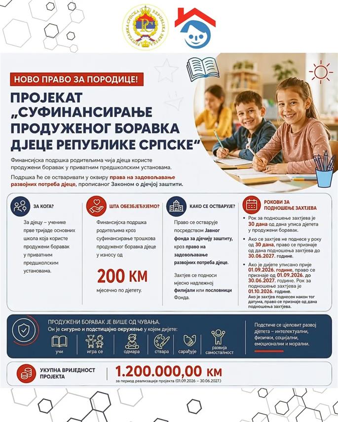 БАЊАЛУКА, 22. АВГУСТА /СРНА/ - Министарство просвјете и културе Републике Српске напомиње да од 1. септембра почиње реализација пројекта којим се пружа финансијска подршка родитељима дјеце која користе продужени боравак у приватним предшколским установама.