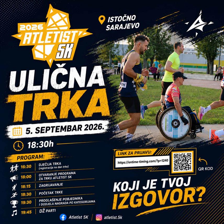 ИСТОЧНО НОВО САРАЈЕВО, 25. АВГУСТА /СРНА/ - Улична трка "Атлетист 5К" која ће бити одржана 5. септембра у Источном Новом Сарајеву до сада је привукла више од 240 пријављених учесника, а организатори очекују да ће на главној трци наступити између 260 и 280 такмичара.